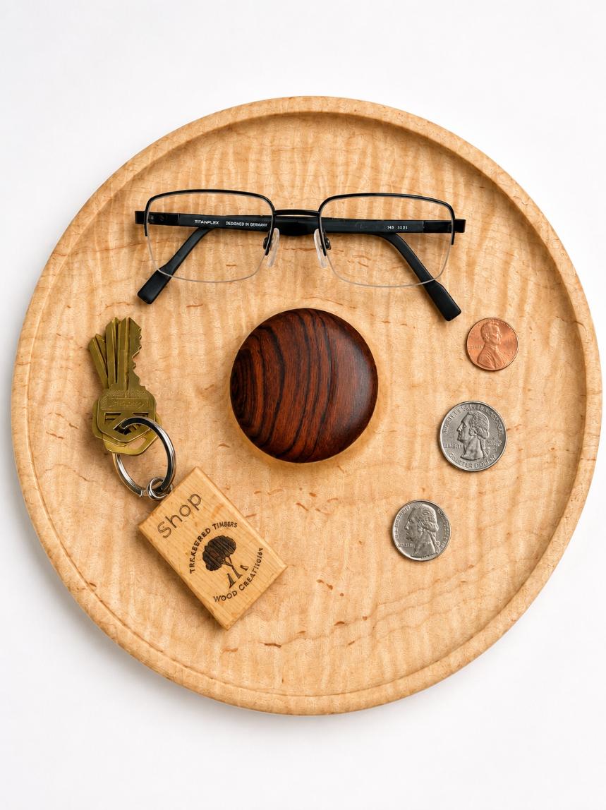 10-inch Figured Maple Memorial Valet Tray with Rosewood Medallion