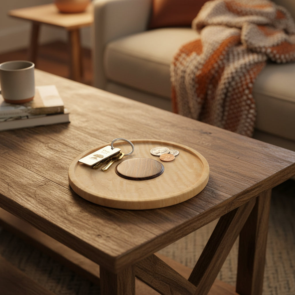 Handcrafted figured maple tray with rosewood medallion, styled in a cozy living room.