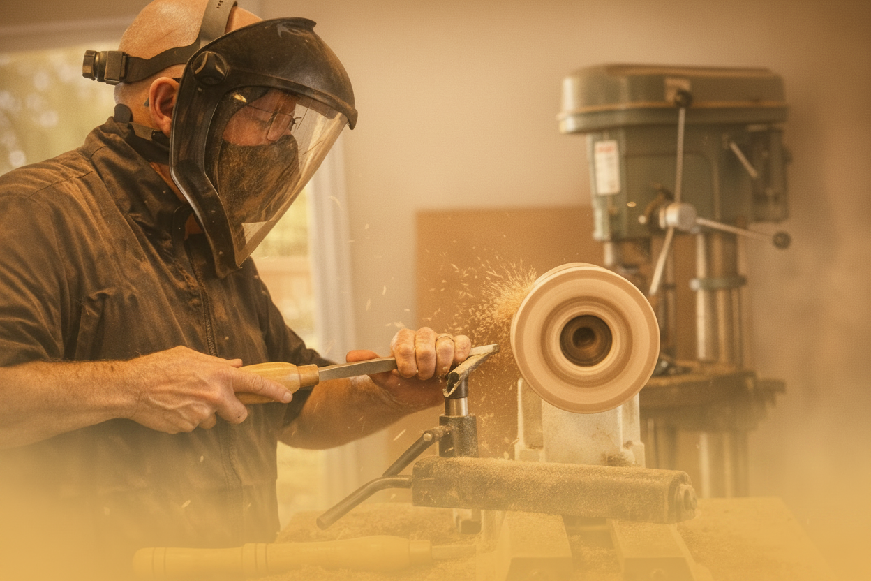 A craftsman stands at the lathe, steady and focused, guiding the chisel as fine shavings gather around him. It’s quiet, patient work — the kind of care Tim brings to every urn he makes.